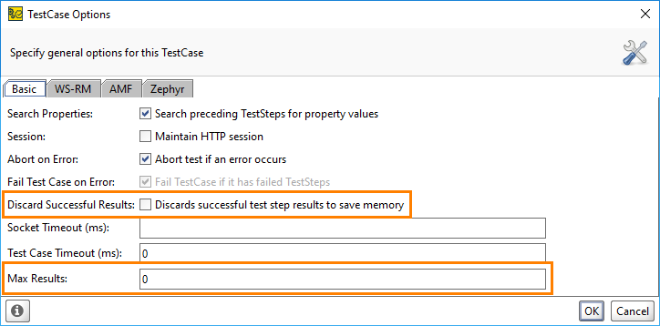 The Test Case Options dialog