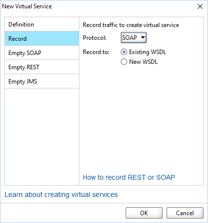 Service virtualization and API testing: The New Virtual Service dialog
