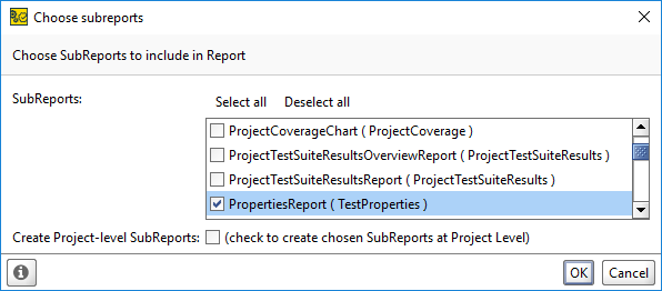 ReadyAPI: The Choose Subreports dialog