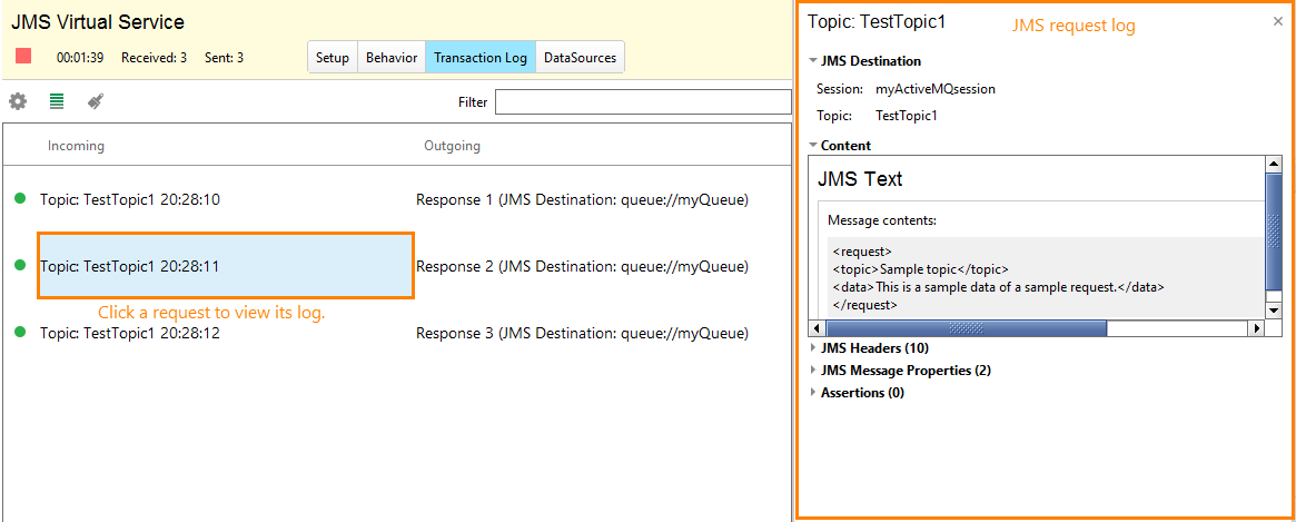 Service virtualization and API testing: JMS request log