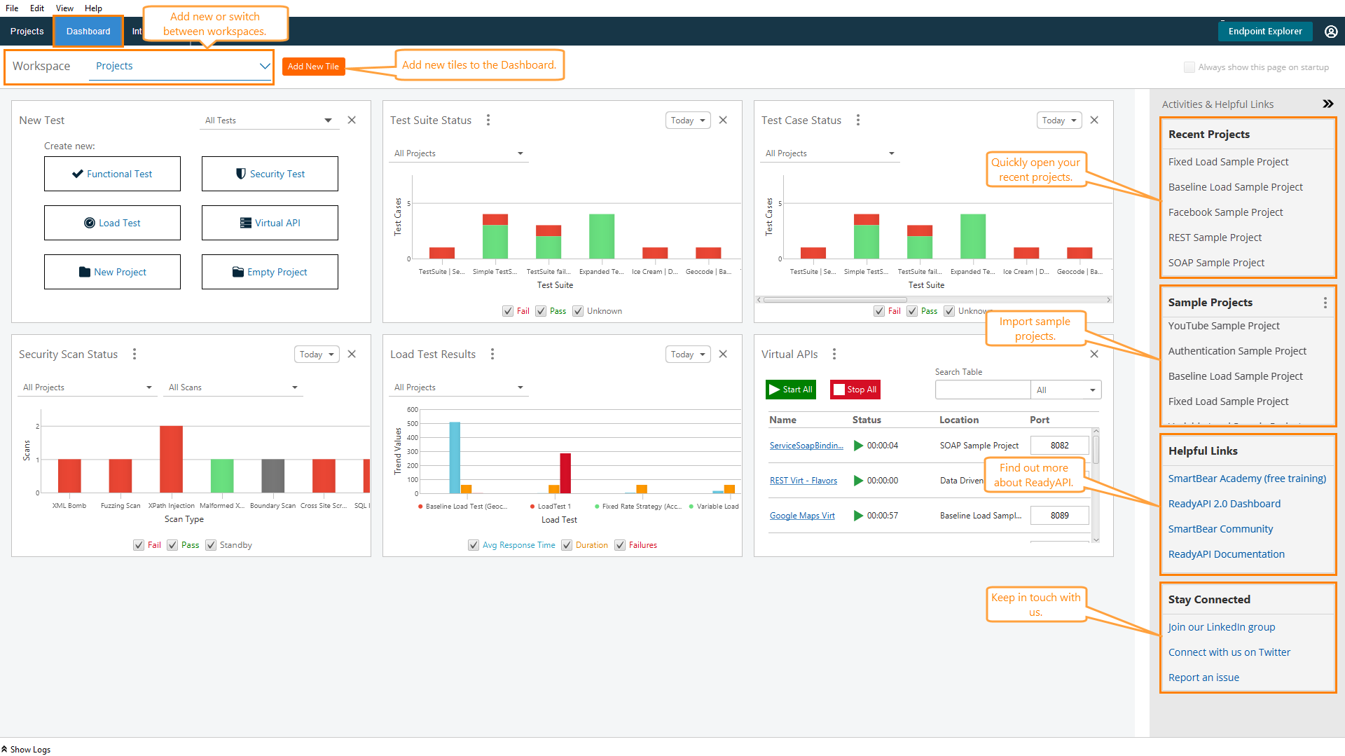 ReadyAPI Interface: Dashboard