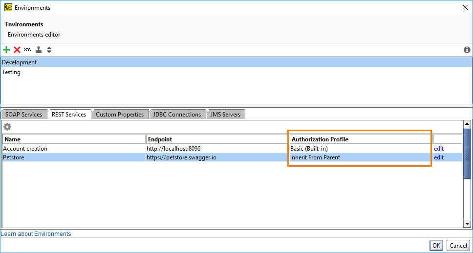 What's New in ReadyAPI 2.7: Authorization profile in the Environment dialog