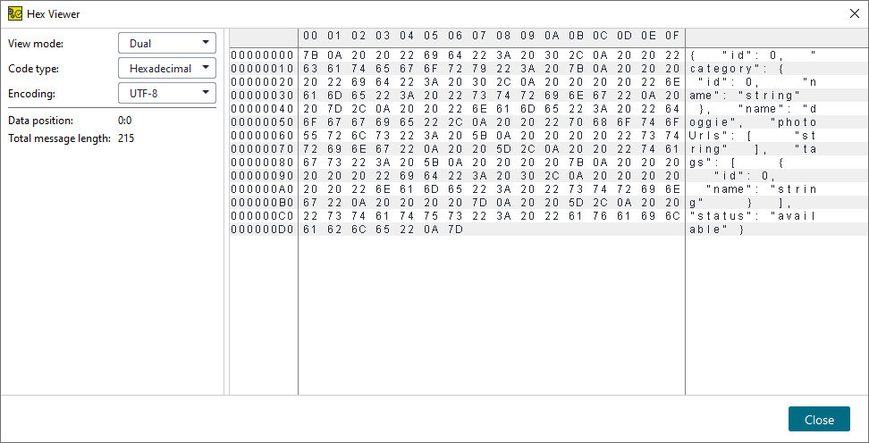 Hex viewer in the JMS virtual services