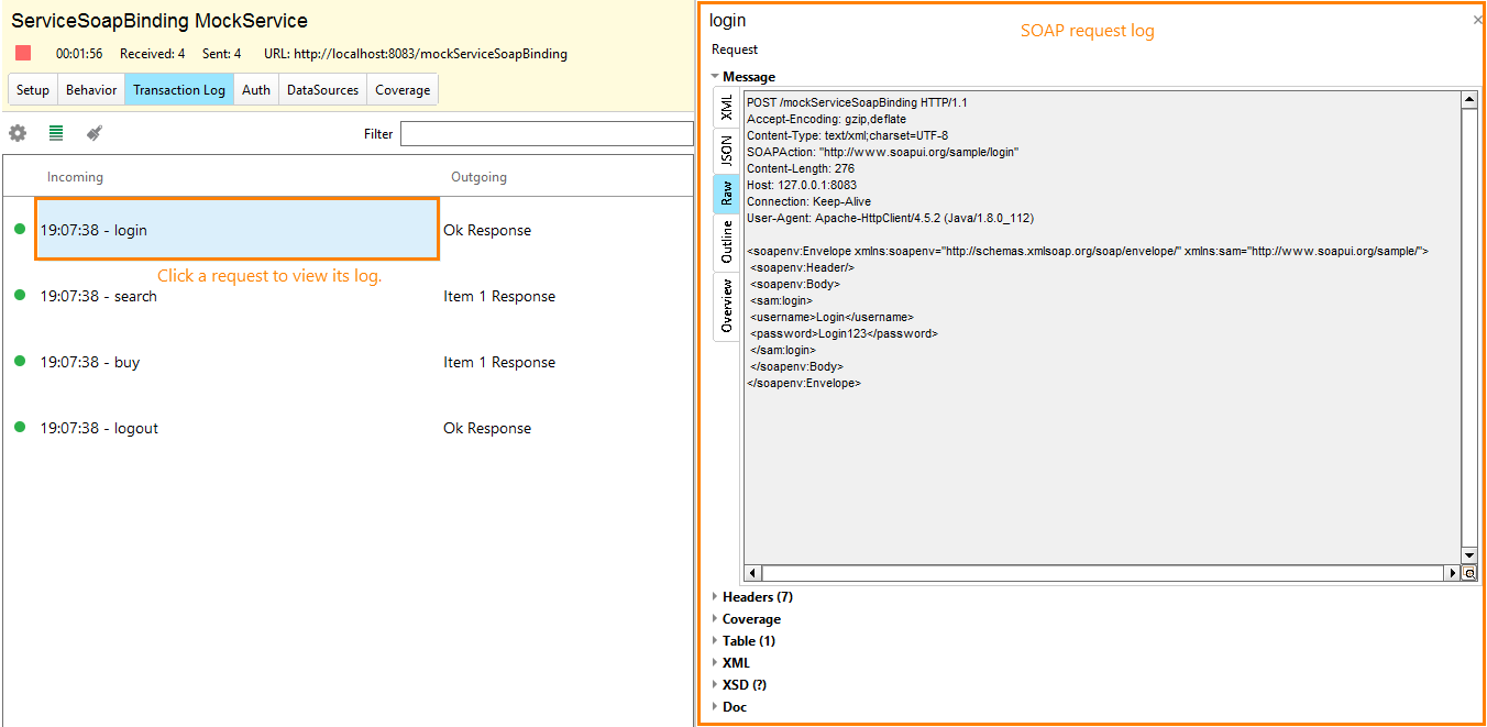 Service virtualization and API testing: SOAP request log