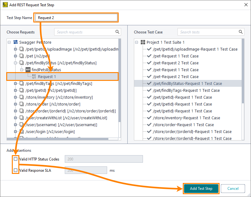 Functional web service testing with ReadyAPI: Add Request Test Step dialog