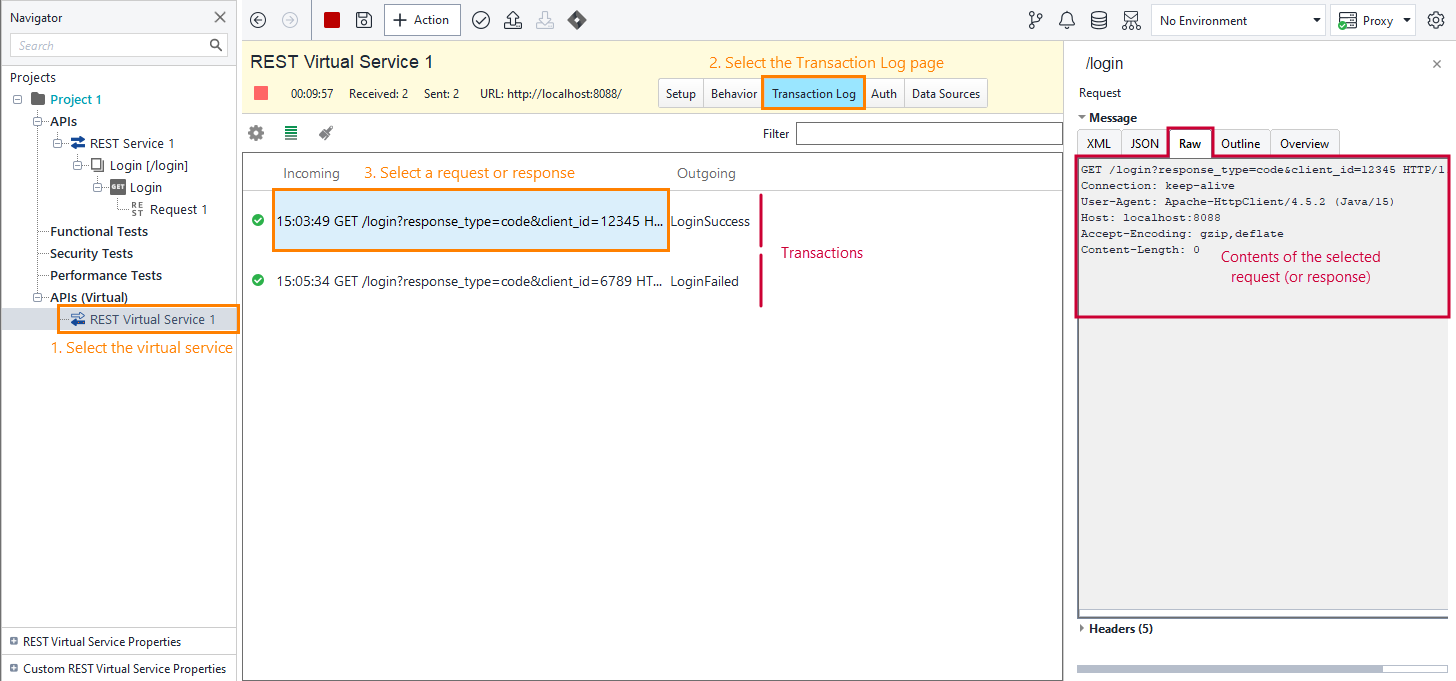 Service virtualization and API testing: Transaction Log page