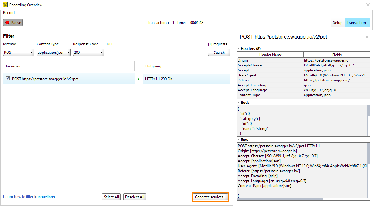 Clicking Generate services