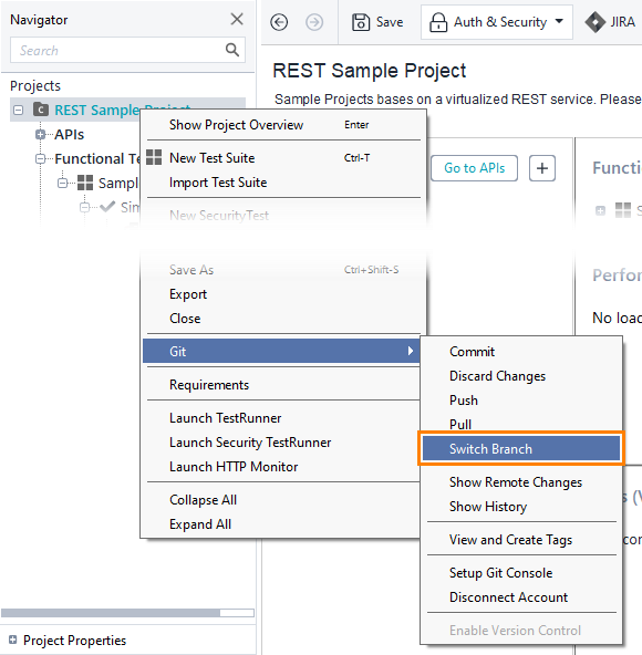 Git integration: Switching Branch command in context menu