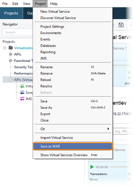 Service virtualization and API testing: Save as WAR command (main menu)