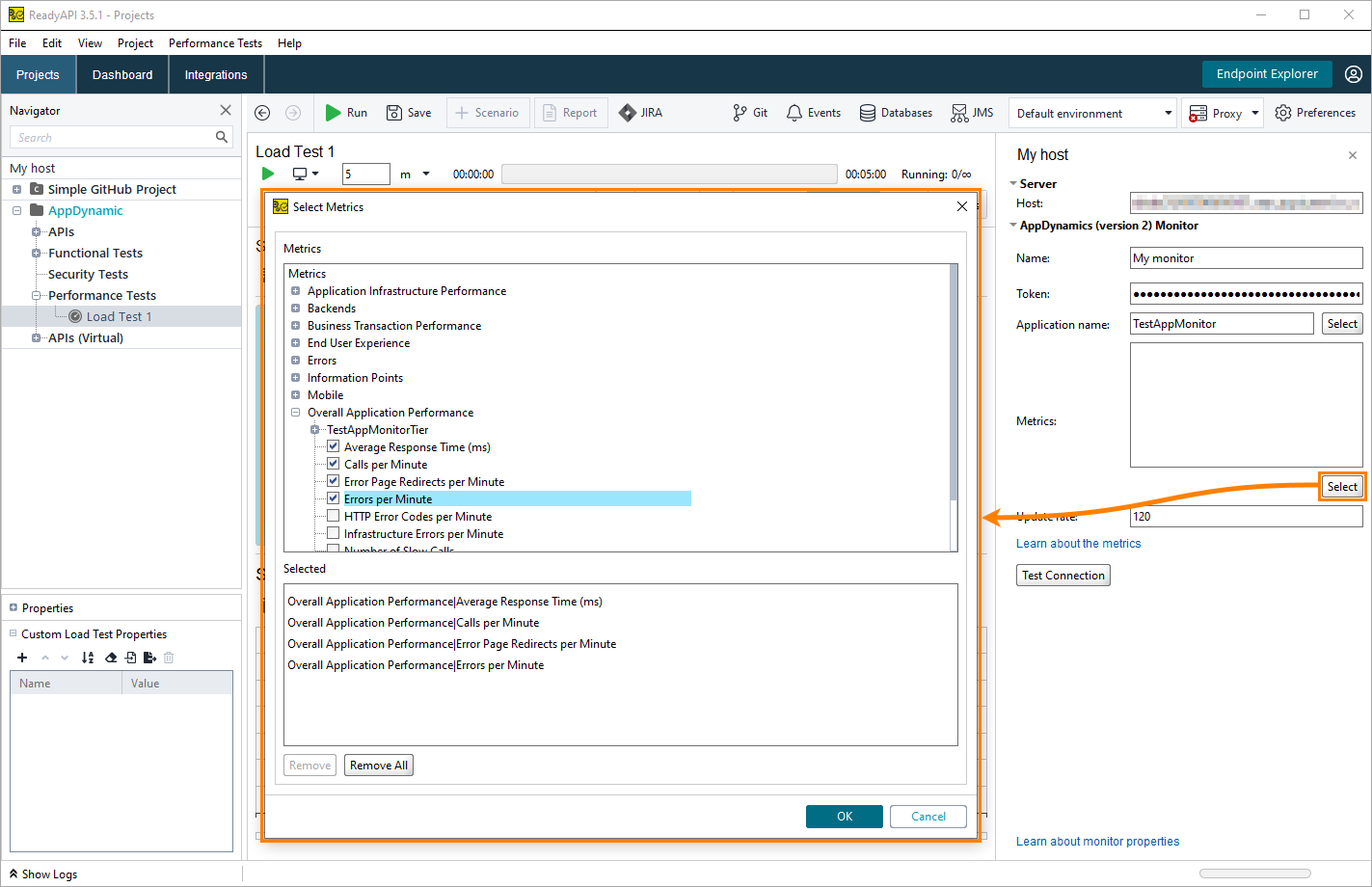 Selecting metrics of AppDynamics monitors
