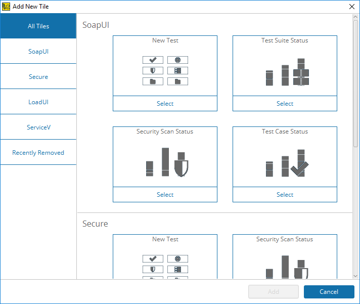 ReadyAPI Interface: The Add New Tile Dialog