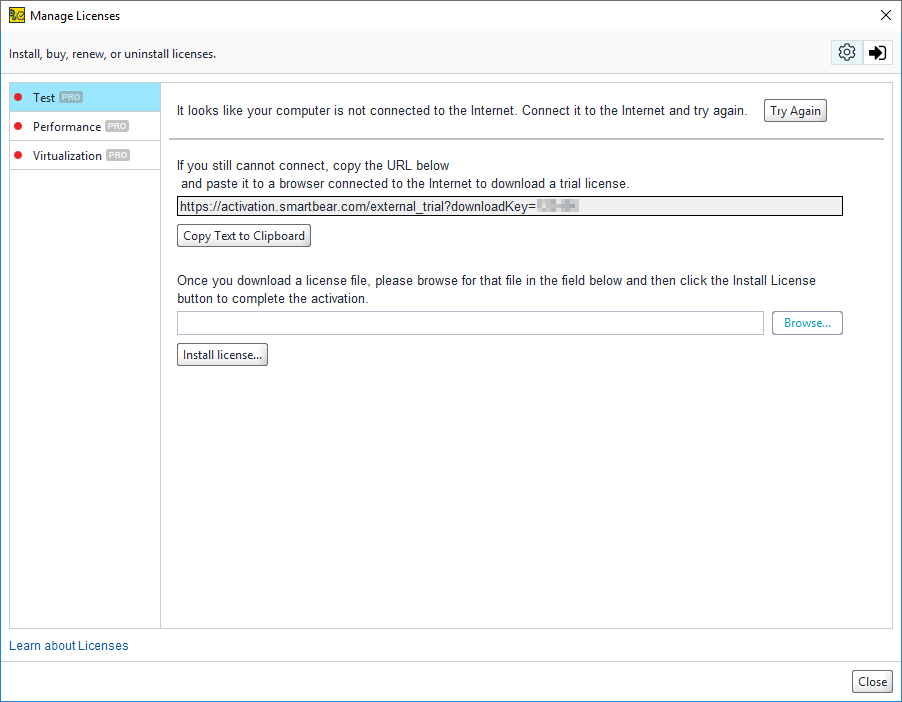 The dialog that helps you get a file-based license