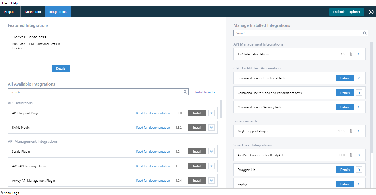 ReadyAPI Integrations tab