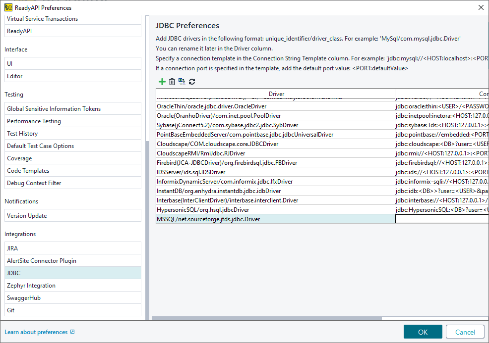 ReadyAPI: The JDBC connections list with the new connection