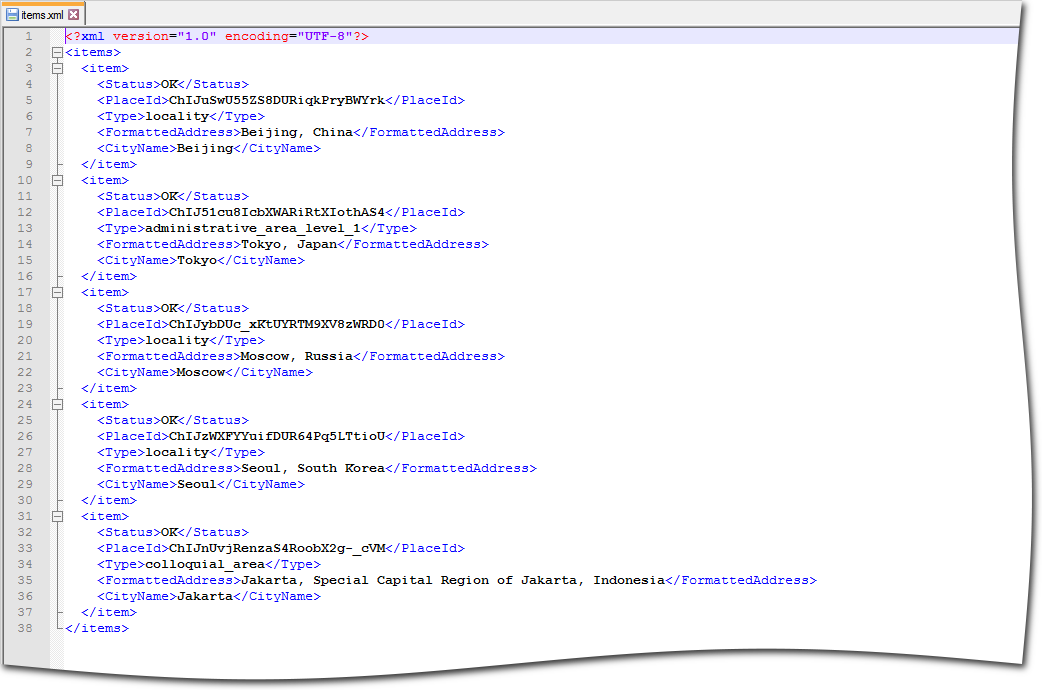 The Data Export report contents