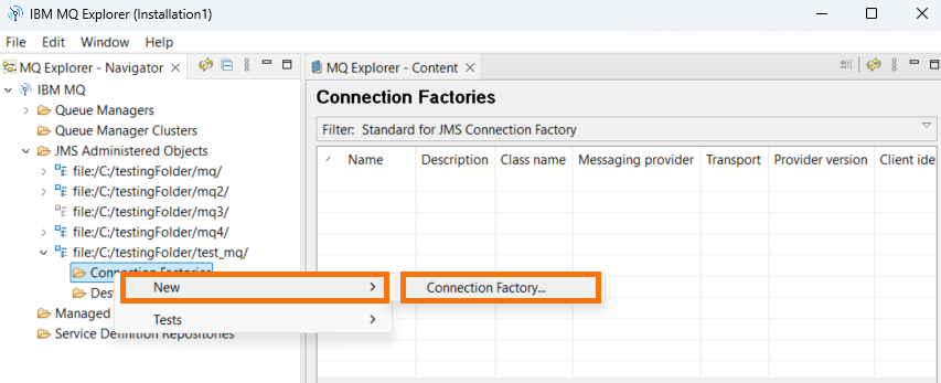 Select New Connection Factory option from context menu in IBM MQ Explorer