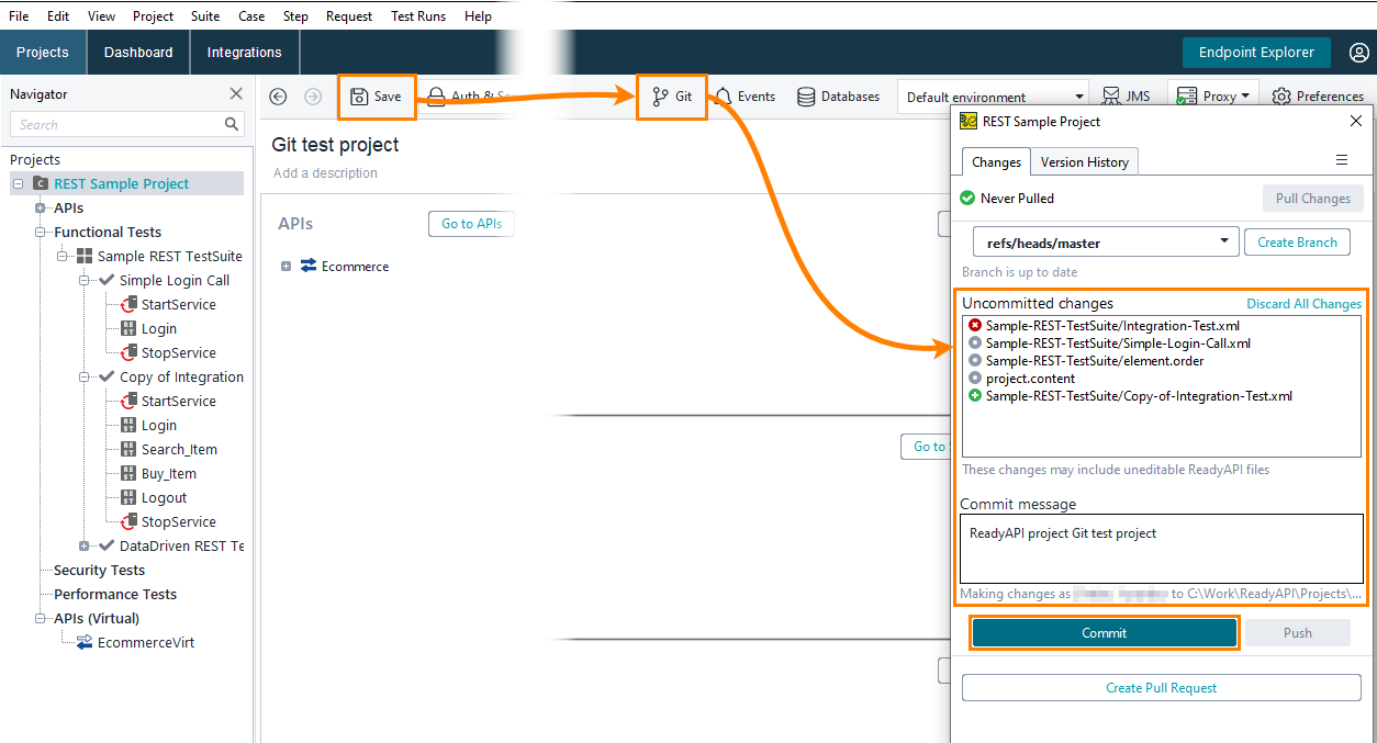 Git integration in ReadyAPI: Commit changes in Git panel