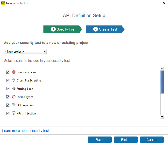 ReadyAPI: Selecting scans for the description security test