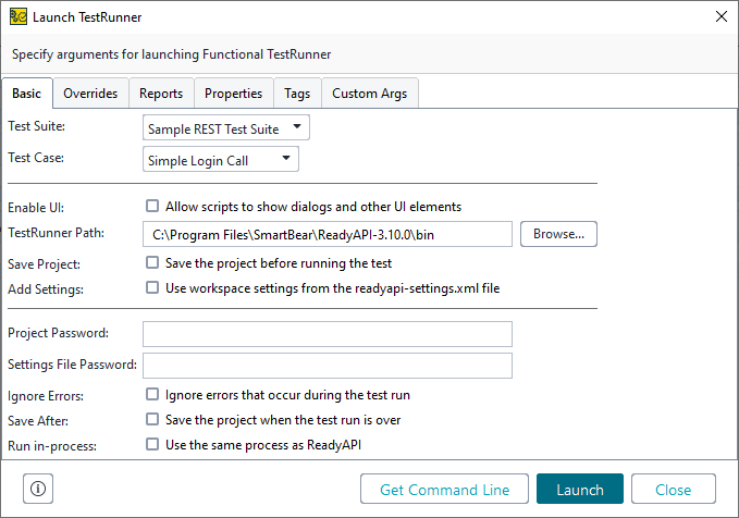 ReadyAPI: The Basic tab of the test runner