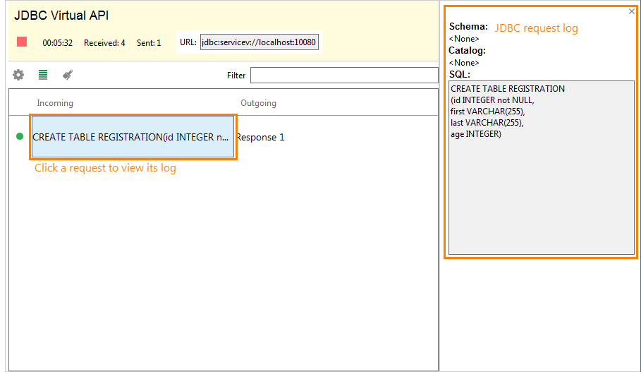 Service virtualization and API testing: JDBC request log