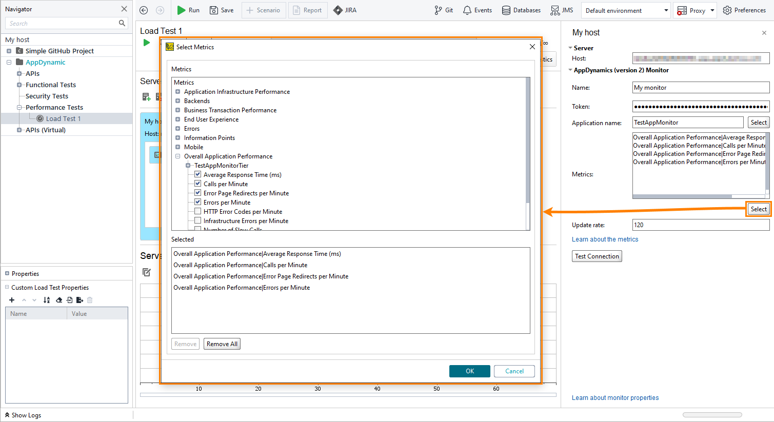 Select metrics in the AppDynamics monitor