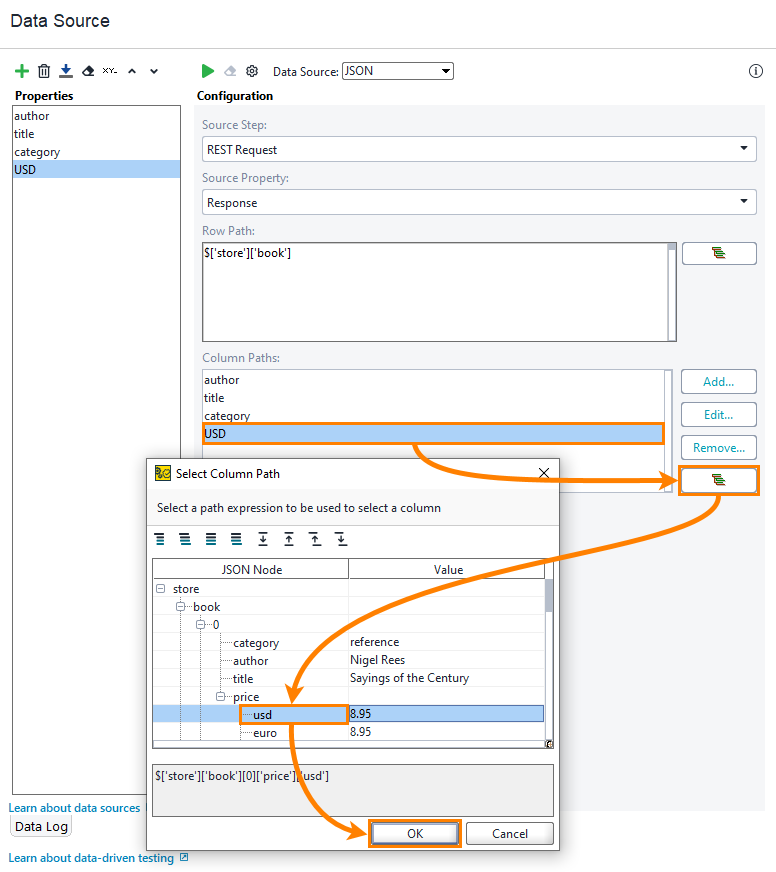 Configuring JSON data source: Specify Column Path