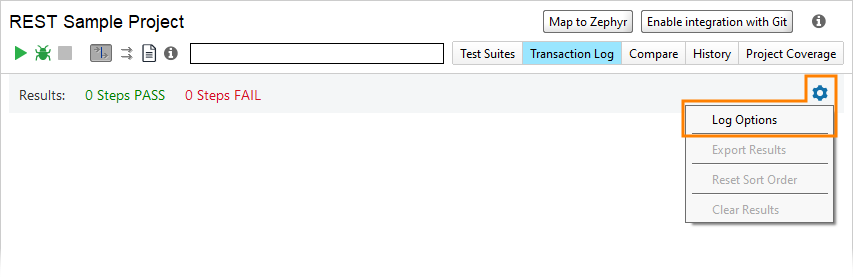 The test case log toolbar