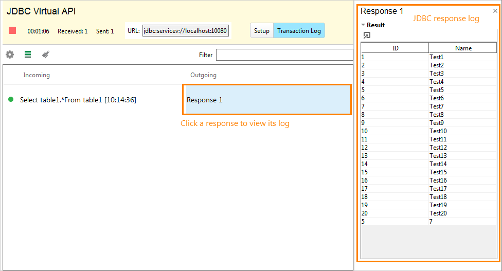 Service virtualization and API testing: JDBC response log