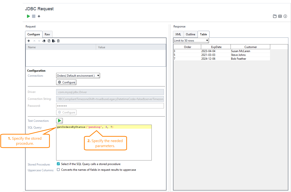 Example of using stored procedure in the JDBC Request test step