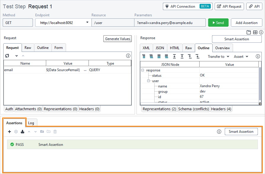 Functional API testing: Assertion panel