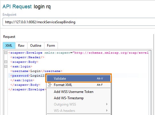 The Validate option in the XML editor