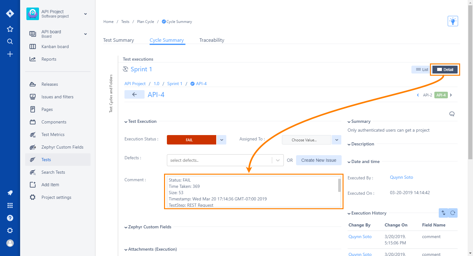 Zephyr Squad integration: View test execution details