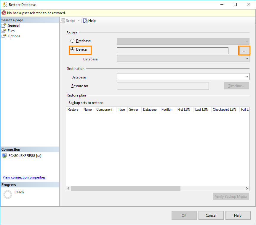 SQL Server Management Studio: Selecting a device as a database source