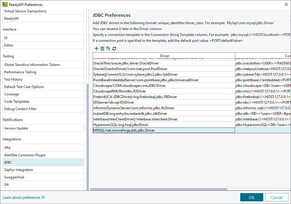 ReadyAPI: Drivers list