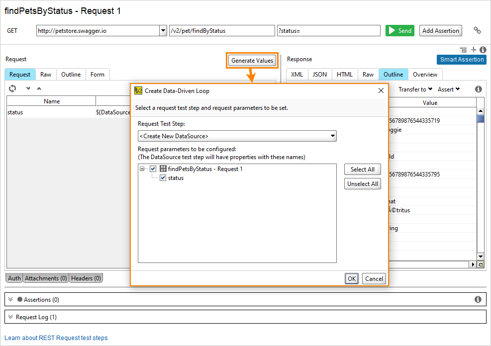ReadyAPI 2.8: Auto generation values for data-driven testing from a request test step