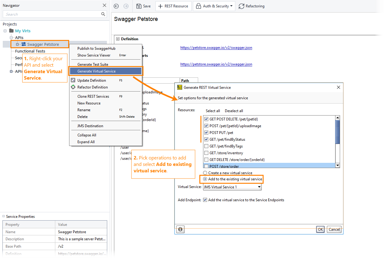 Service virtualization and API testing: Using the Generate Virtual Service command