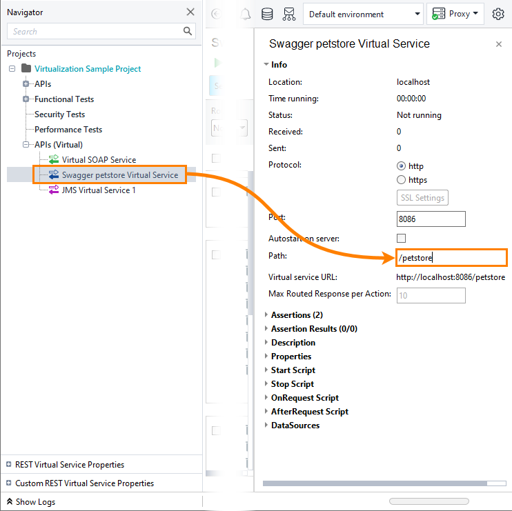 Service virtualization and API testing: Setting the Path property of a virtual service