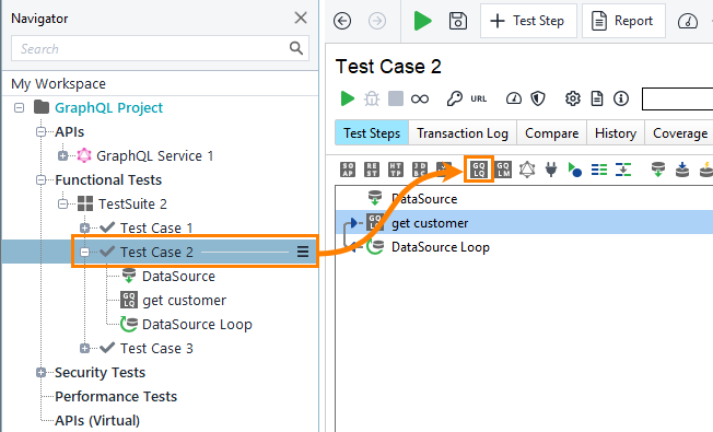 GraphQL testing in ReadyAPI: Adding GraphQL Query Request test step by using the test casre toolbar