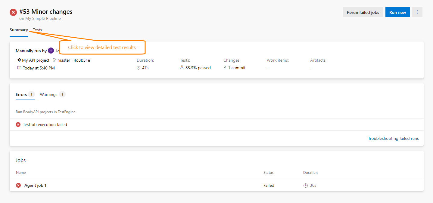 Test results in the Build Summary