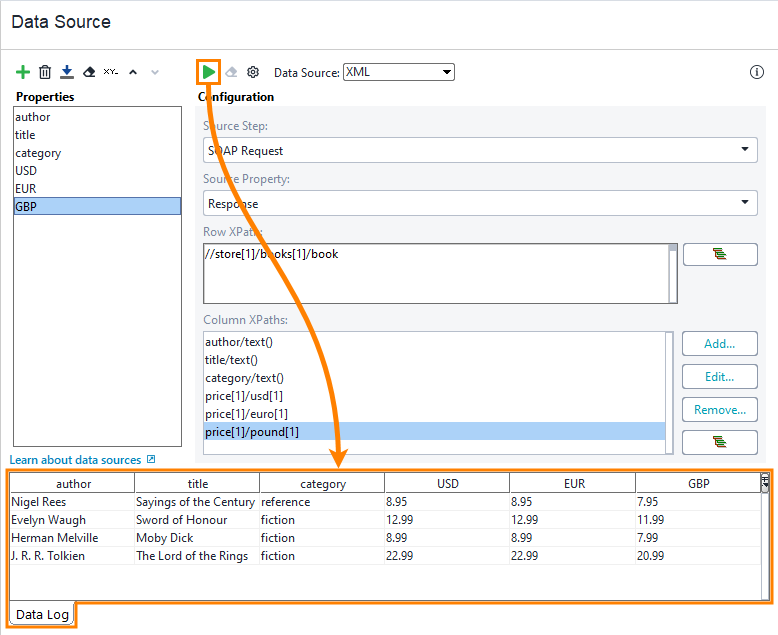 Configuring XML data source: Run data source