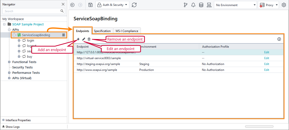 Testing SOAP APIs in ReadyAPI: The Endpoints page