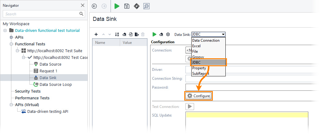 ReadyAPI: Configuring the data sink test step
