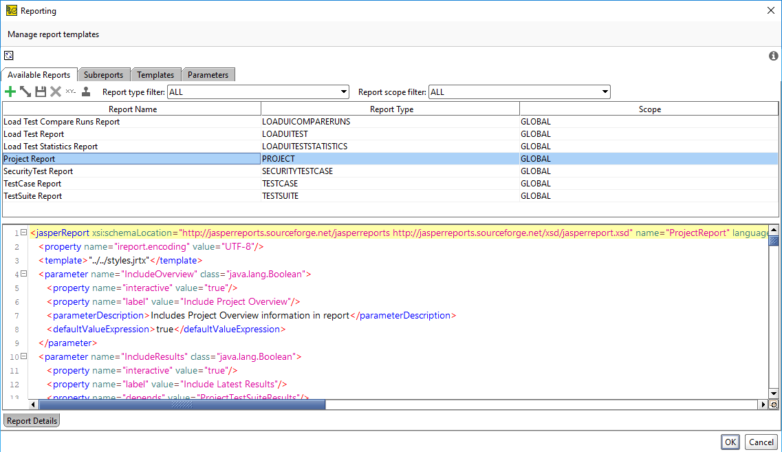 ReadyAPI: The Available Reports tab of the Reporting window