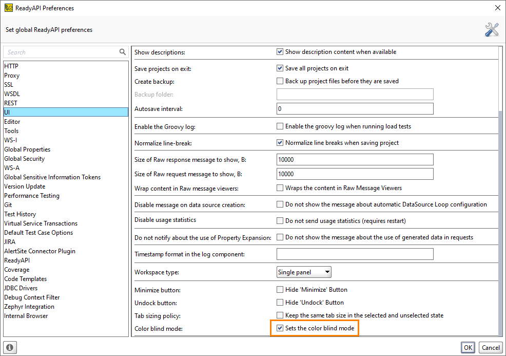 ReadyAPI Preferences: The UI tab