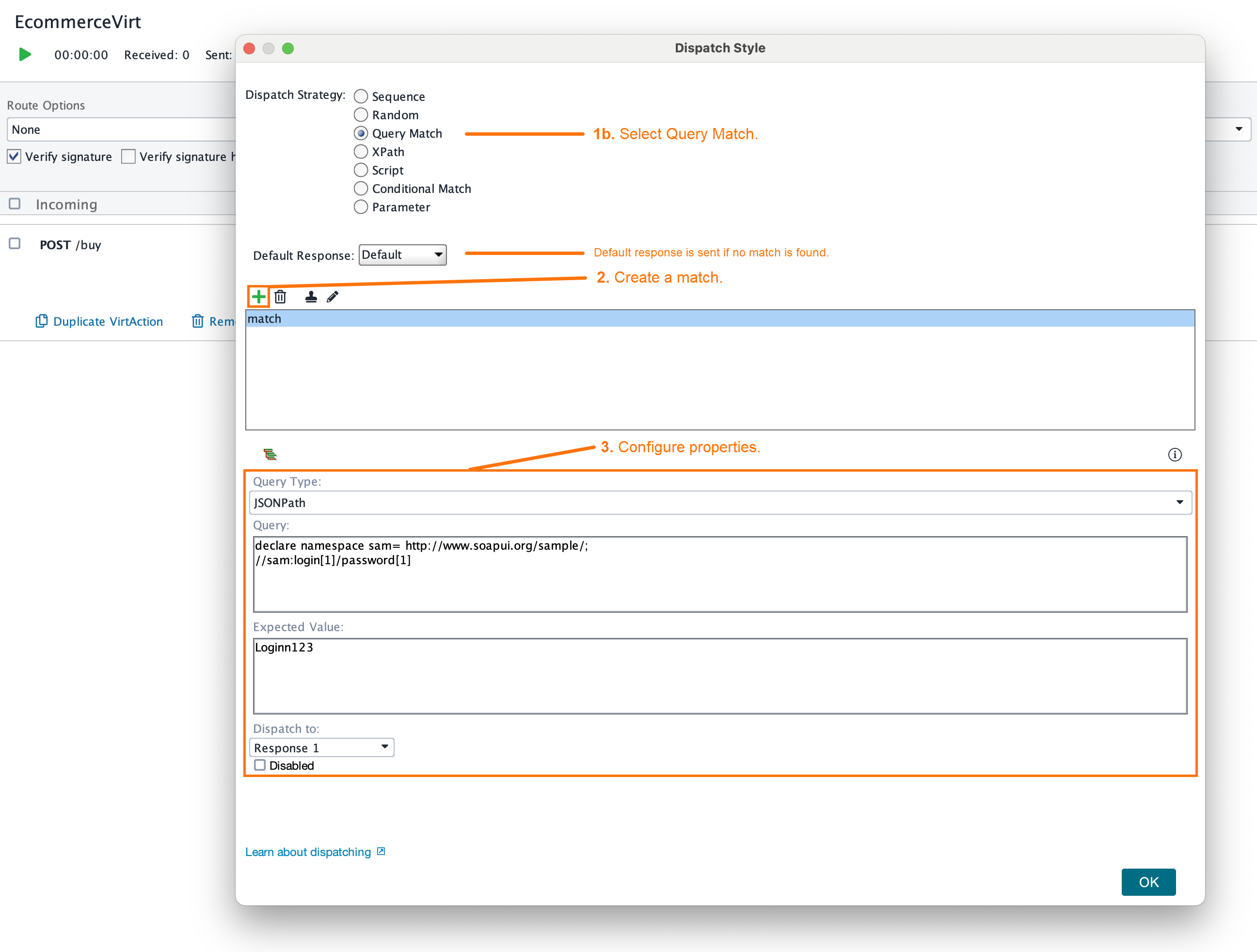 Service virtualization with ReadyAPI: Properties of the Query Match dispatch strategy