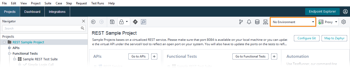 ReadyAPI: Selecting an environment