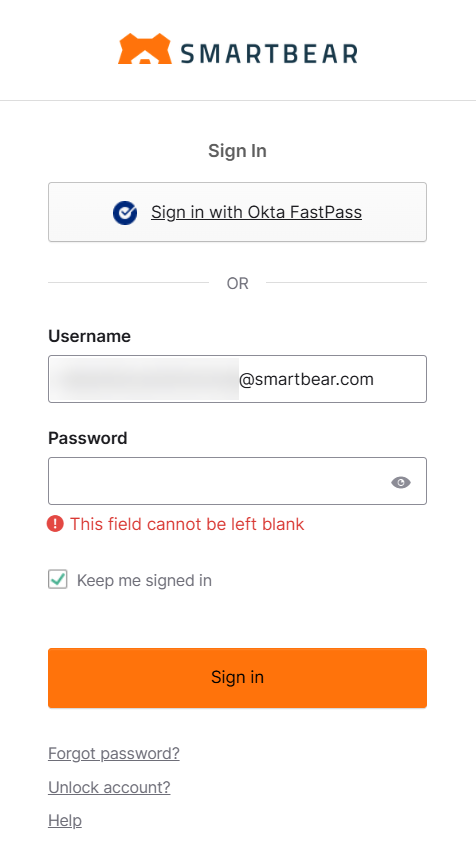 SmartBear sign-in page with Okta FastPass option, username, password fields, and links to reset or unlock account.