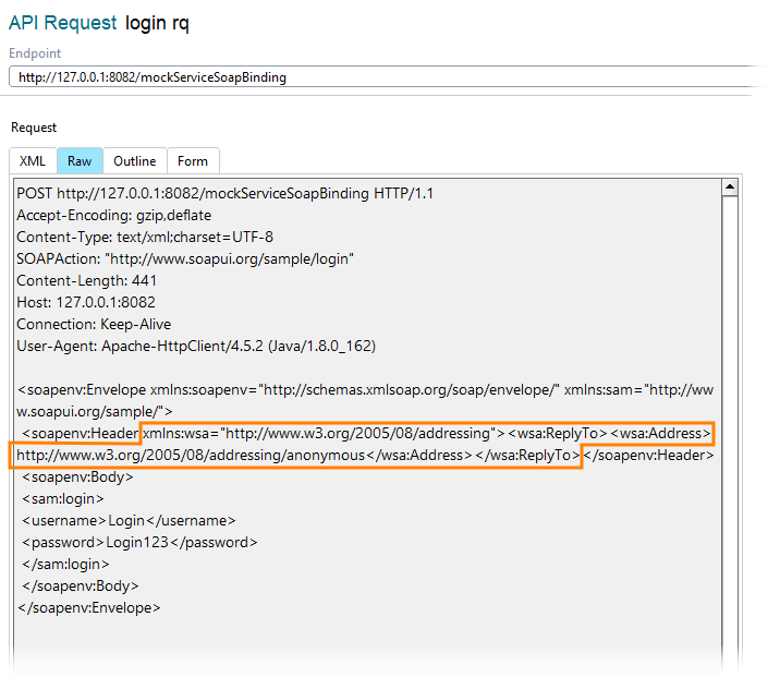 SOAP API testing: WS-Addressing inspector. The Raw view