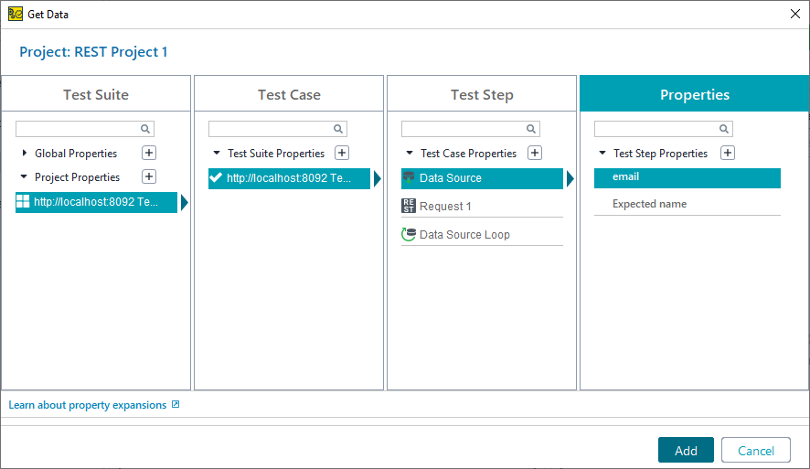 Functional API testing: Select the data source property