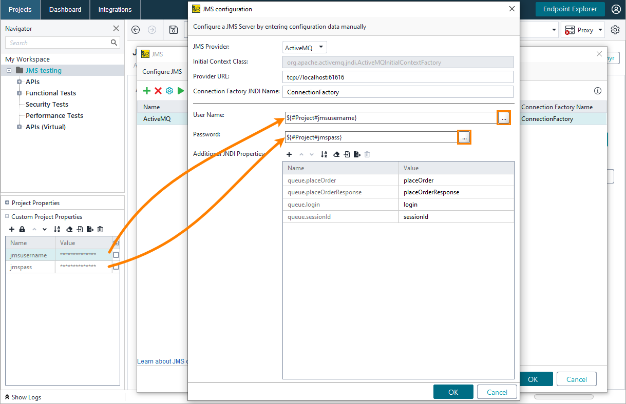 JMS testing: Passing username and password from project properties